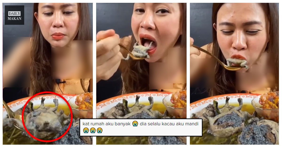 wanita makan sup katak nampak sedap